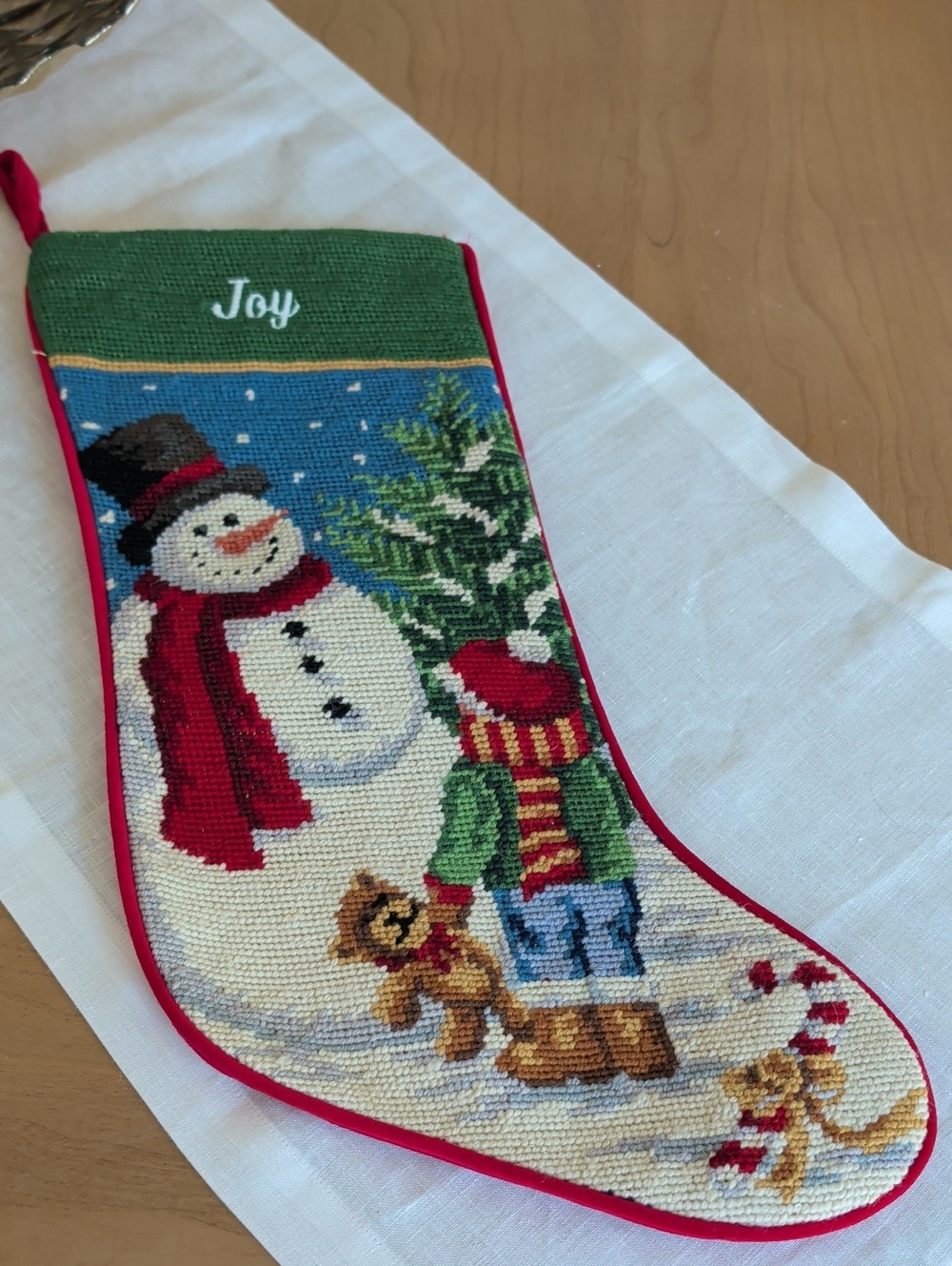 Holiday 'Joy' Snowman & Child Christmas Stocking - Red/Green